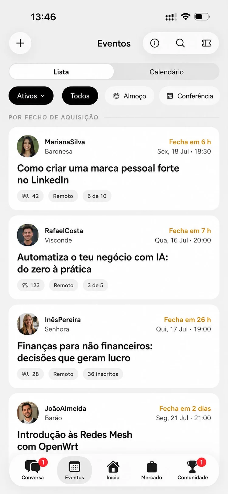 Ecrã de Eventos na app V Império: lista de jantares e conferências com anfitrião e prazo de inscrição