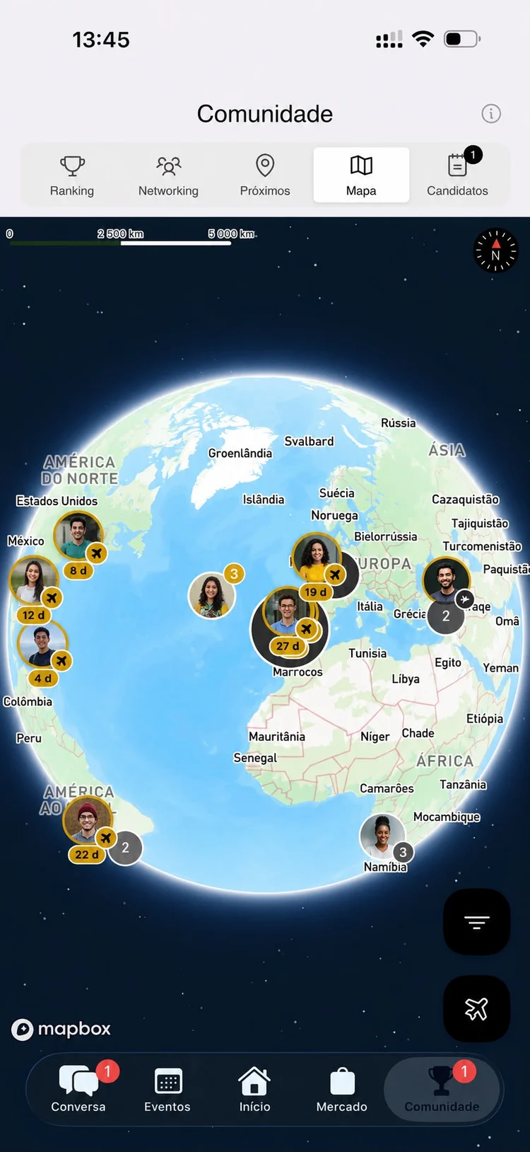 Ecrã da Comunidade na app V Império: mapa-múndi com Membros assinalados cidade a cidade