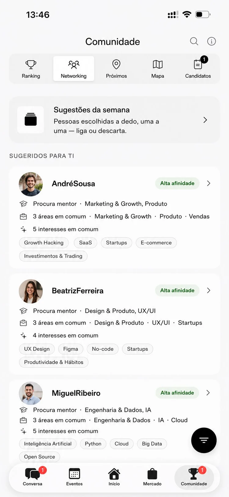 Ecrã de Networking na app V Império: sugestões da semana com afinidade e interesses em comum